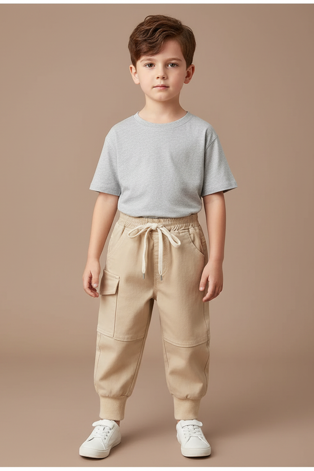 Pantalon Parachute Beige Cargo Ample Coton Garçon Décontracté