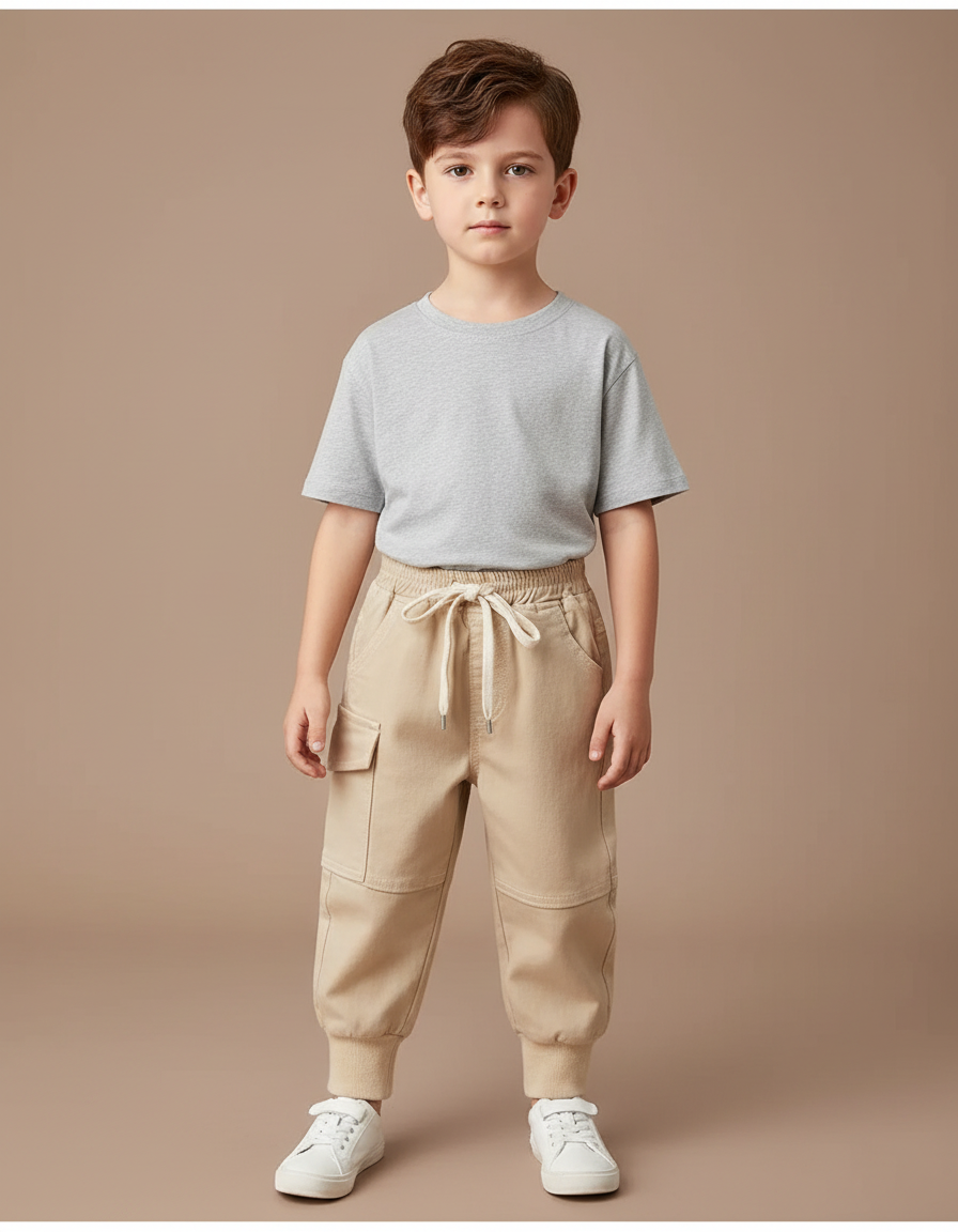 Pantalon Parachute Beige Cargo Ample Coton Garçon Décontracté
