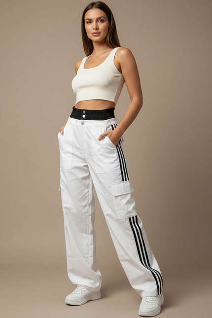 Pantalon Parachute Blanc Cargo Bandes Latérales Femme Ample - Toile