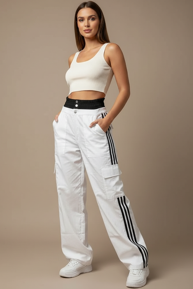 Pantalon Parachute Blanc Cargo Bandes Latérales Femme Ample - Toile