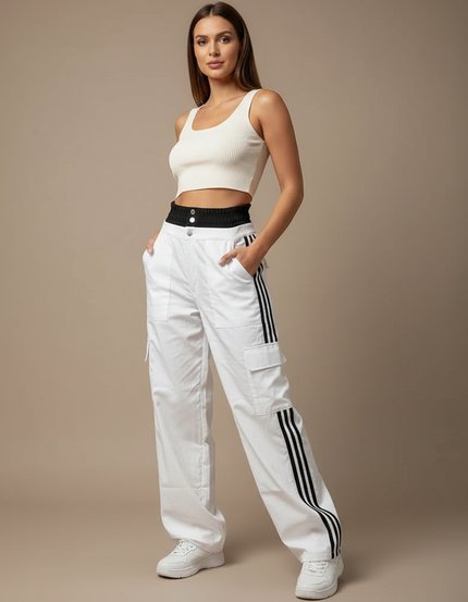 Pantalon Parachute Blanc Cargo Bandes Latérales Femme Ample - Toile