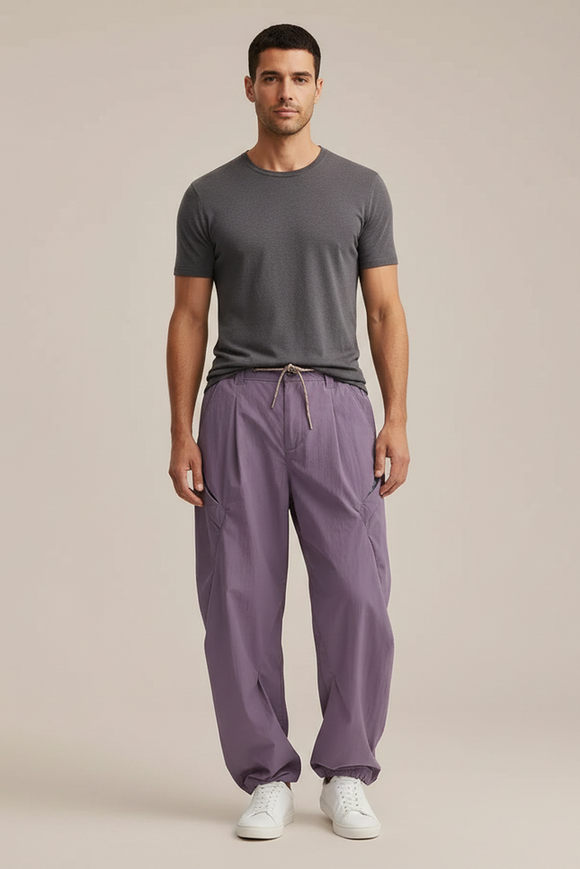 Pantalon Parachute Violet Ample Décontracté Cordon Léger - Polyester