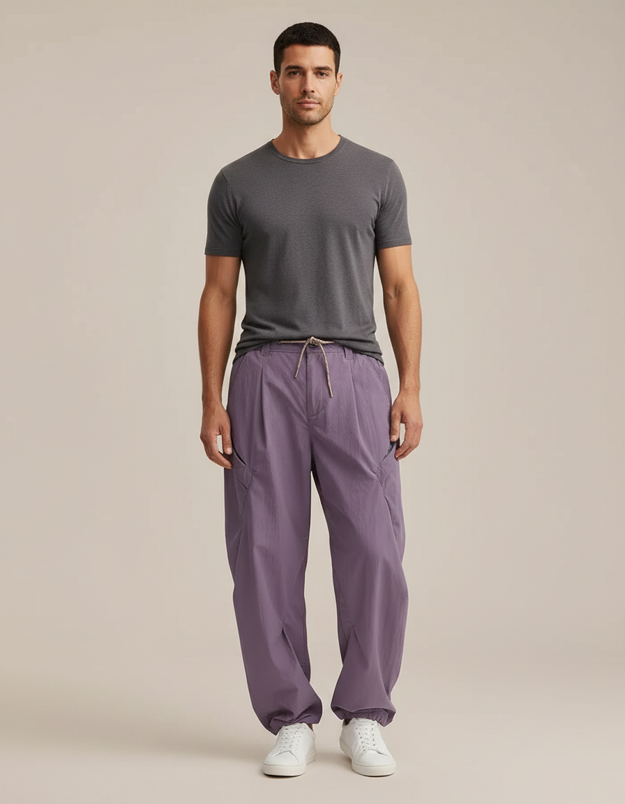 Pantalon Parachute Violet Ample Décontracté Cordon Léger - Polyester