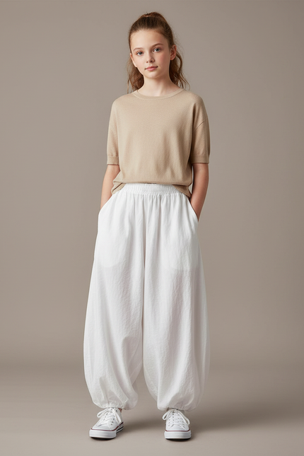 Pantalon Parachute Blanc Ample Lin Enfant Décontracté