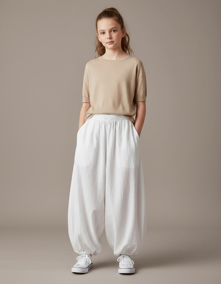 Pantalon Parachute Blanc Ample Lin Enfant Décontracté