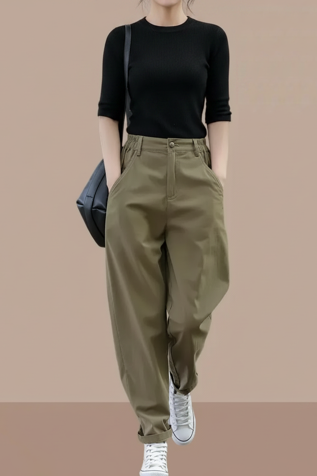 Pantalon Parachute Kaki Ample Décontracté Femme - Gabardine