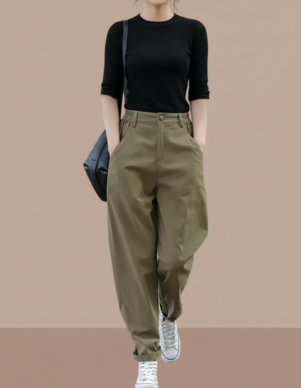 Pantalon Parachute Kaki Ample Décontracté Femme - Gabardine