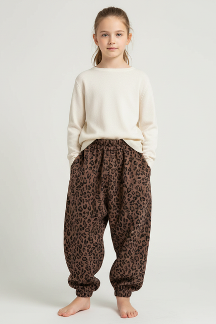 Pantalon Parachute Léopard Marron Ample Chaud Enfant - Molleton