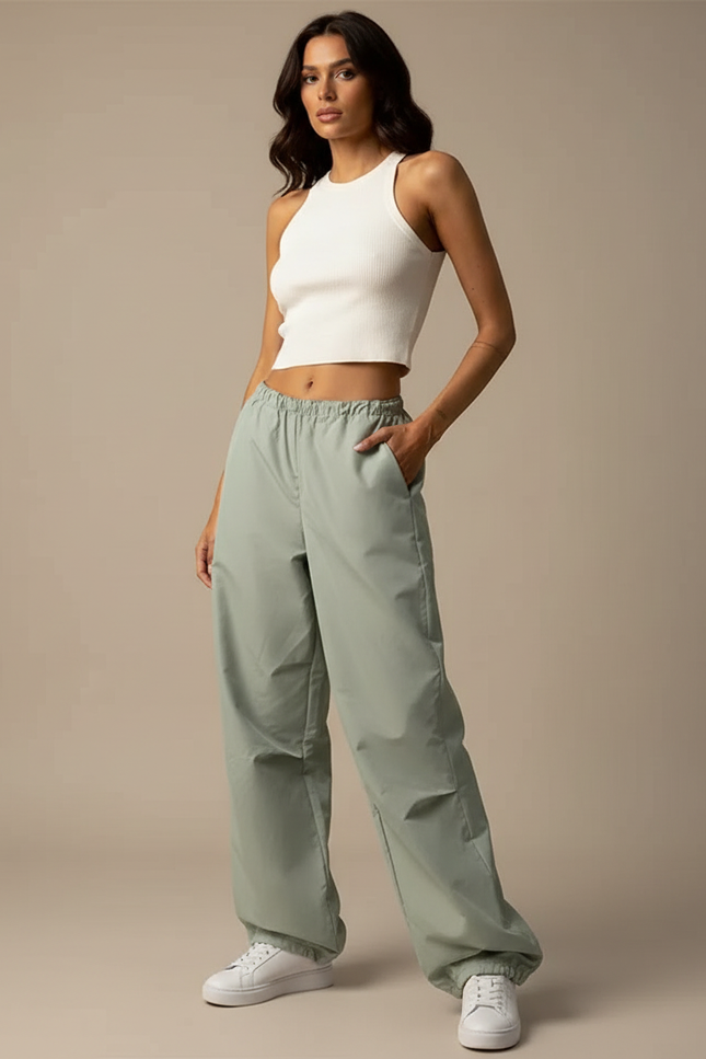 Pantalon Parachute Vert Ample Décontracté Femme - Polyester