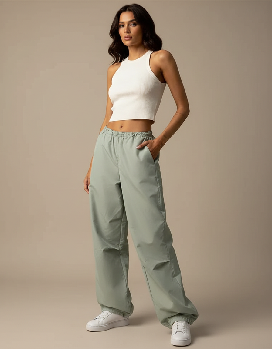 Pantalon Parachute Vert Ample Décontracté Femme - Polyester