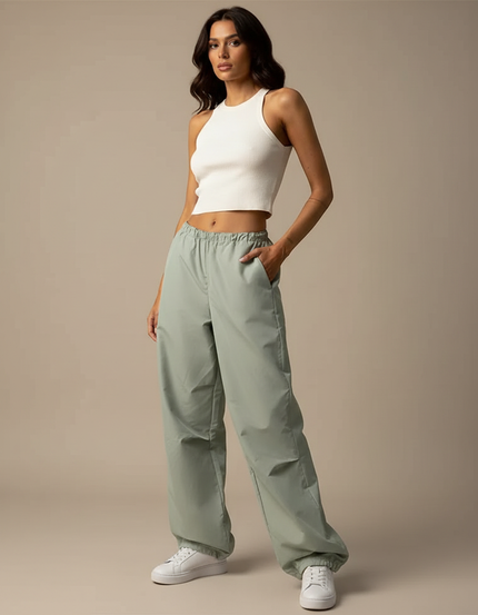Pantalon Parachute Vert Ample Décontracté Femme - Polyester