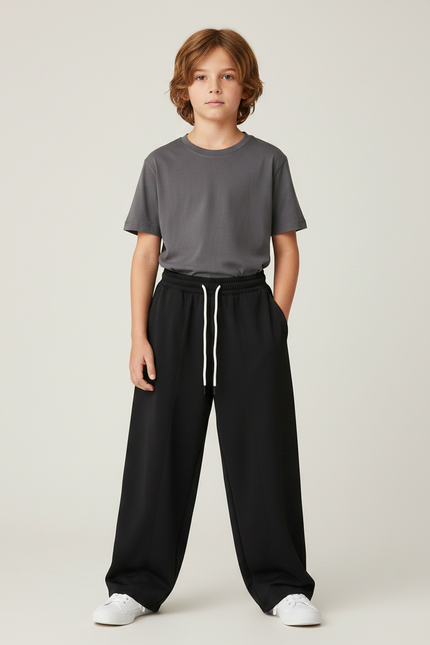 Pantalon Parachute Noir Ample Cordon Garçon Décontracté - Molleton