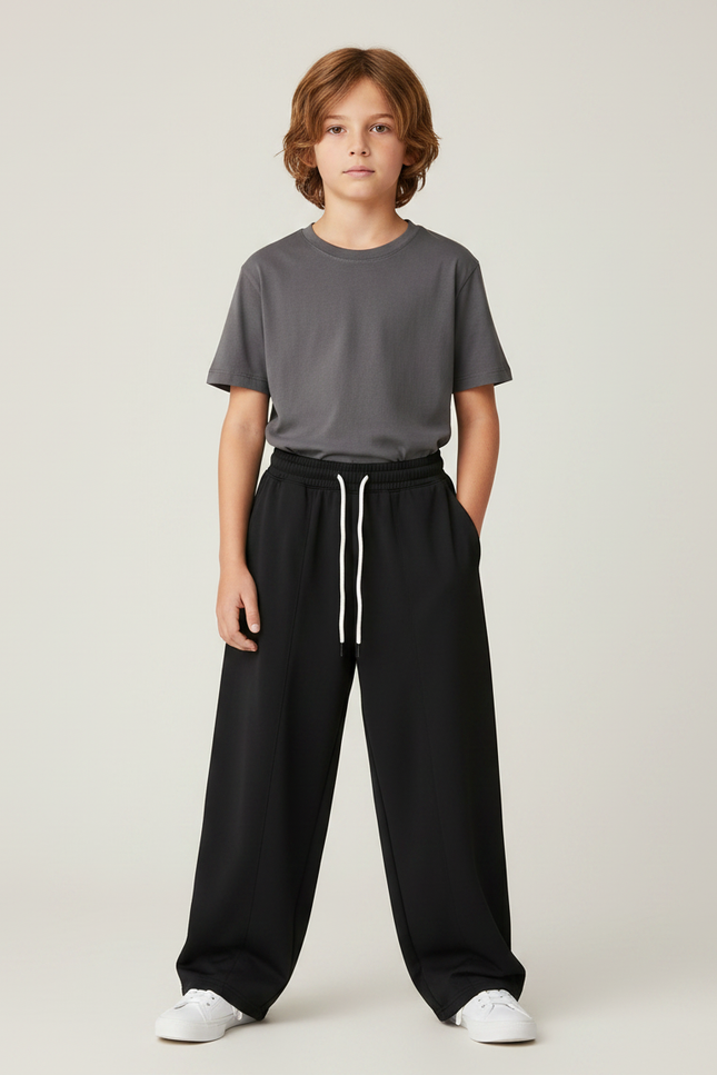 Pantalon Parachute Noir Ample Cordon Garçon Décontracté - Molleton