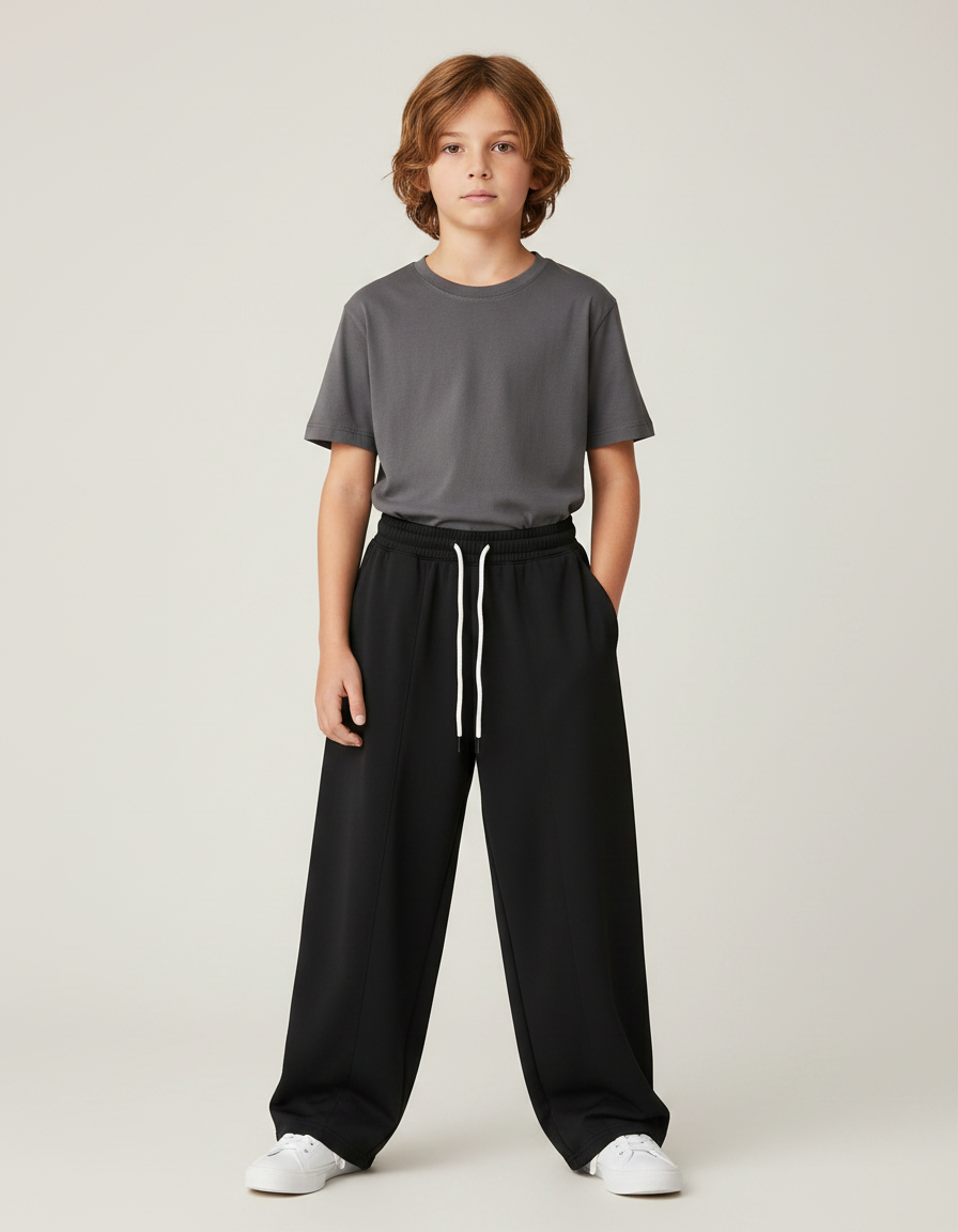 Pantalon Parachute Noir Ample Cordon Garçon Décontracté - Molleton