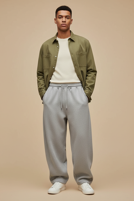 Pantalon Parachute Gris Cordon Large Décontracté Homme - Molleton