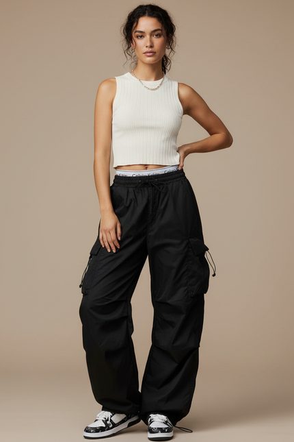 Pantalon Parachute Taille Haute - Noir Polyester