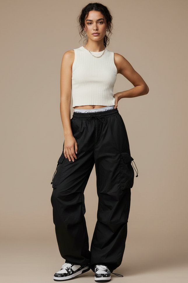 Pantalon Parachute Taille Haute - Noir Polyester