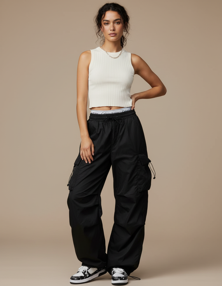 Pantalon Parachute Taille Haute - Noir Polyester