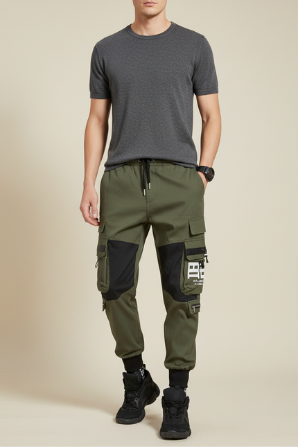Pantalon Parachute Kaki Cargo Bicolore Imprimé Homme - Toile