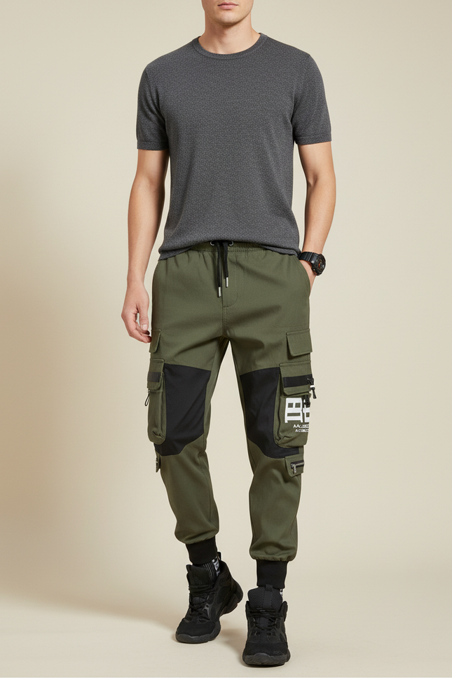 Pantalon Parachute Kaki Cargo Bicolore Imprimé Homme - Toile