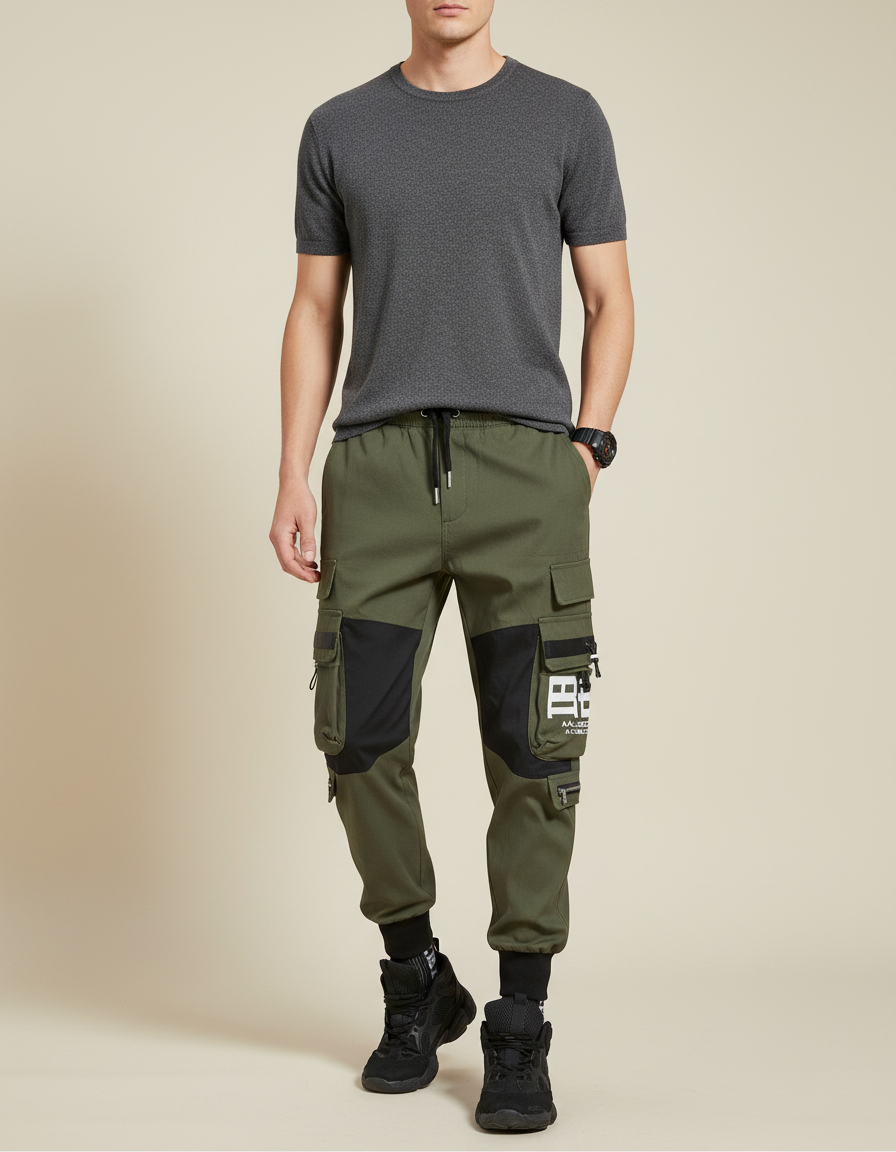 Pantalon Parachute Kaki Cargo Bicolore Imprimé Homme - Toile