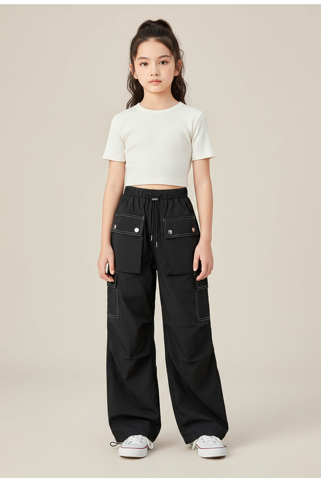 Pantalon Parachute Noir Ample Cargo Coutures Contrastées Fille - Polyester