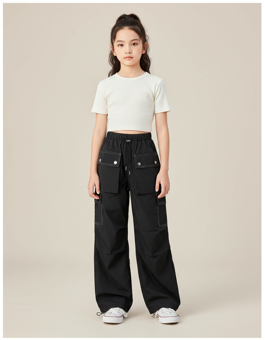 Pantalon Parachute Noir Ample Cargo Coutures Contrastées Fille - Polyester