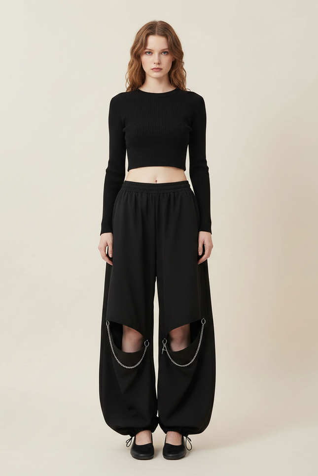 Pantalon Parachute Noir Ample Chaînes Découpes - Polyester