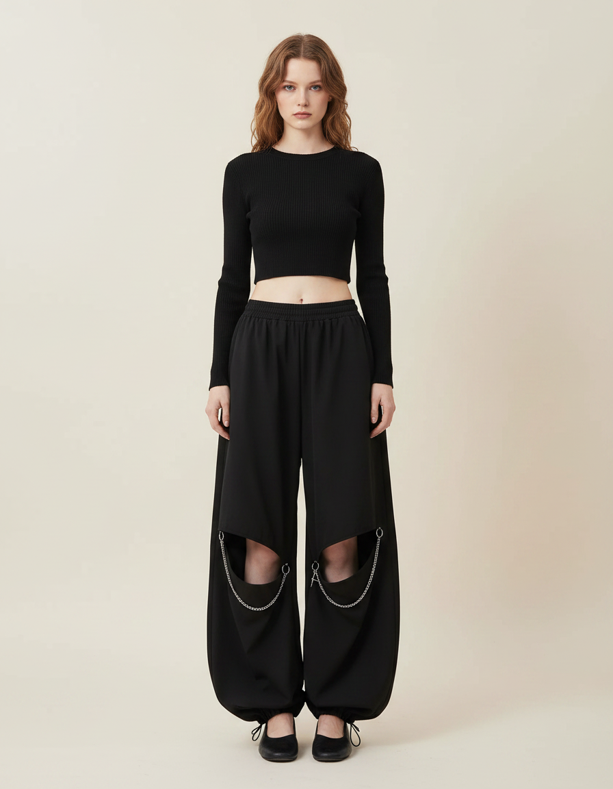 Pantalon Parachute Noir Ample Chaînes Découpes - Polyester