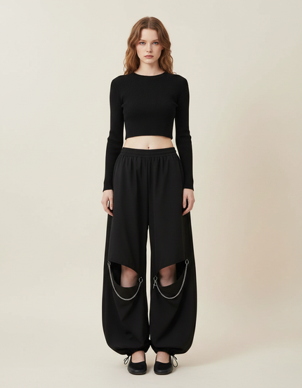 Pantalon Parachute Noir Ample Chaînes Découpes - Polyester