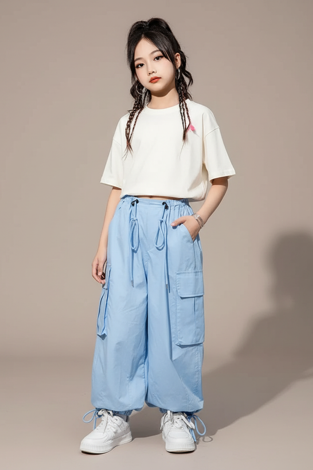 Pantalon Parachute Bleu Ciel Ample Cargo Fille Décontracté - Polyester