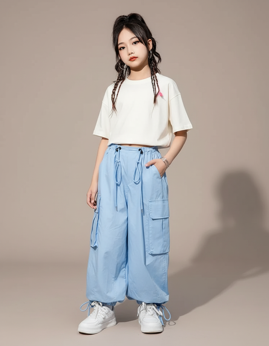 Pantalon Parachute Bleu Ciel Ample Cargo Fille Décontracté - Polyester