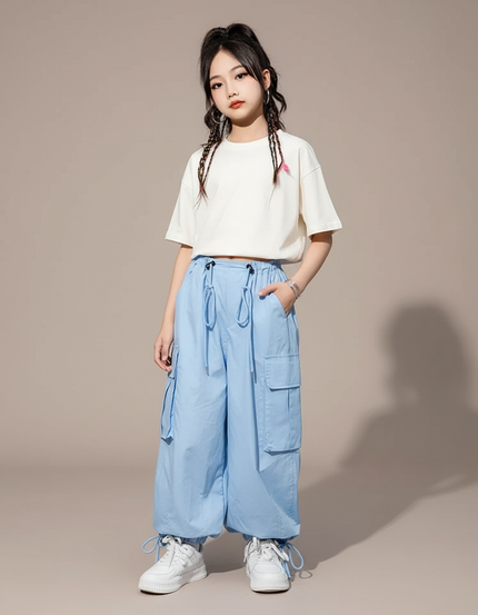 Pantalon Parachute Bleu Ciel Ample Cargo Fille Décontracté - Polyester