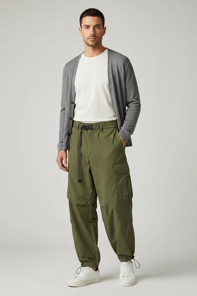 Pantalon Parachute Kaki Ample Cargo Ceinture Homme - Polyester