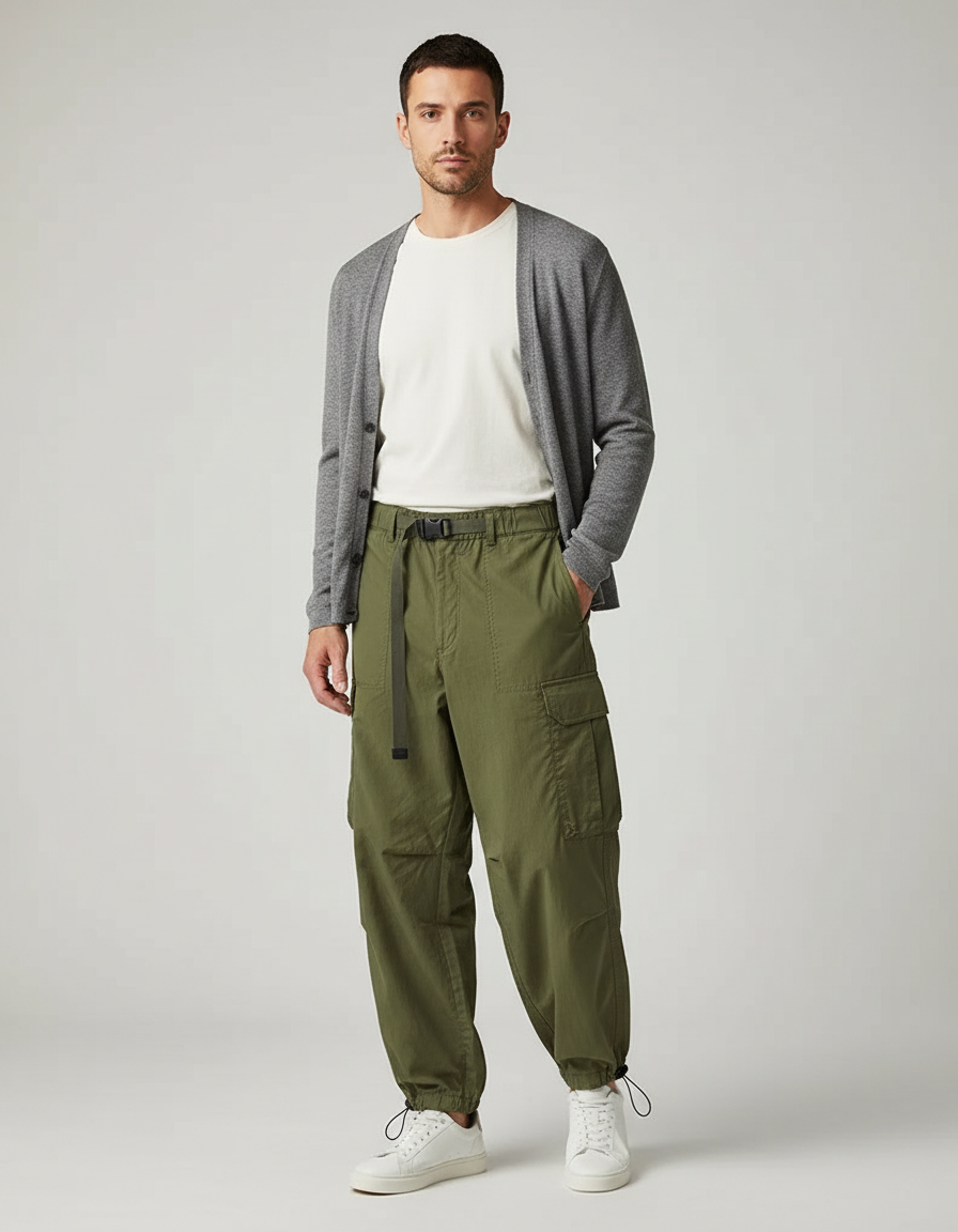 Pantalon Parachute Kaki Ample Cargo Ceinture Homme - Polyester