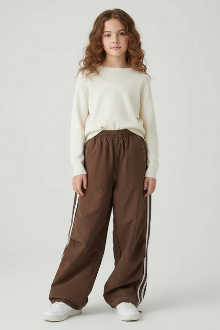Pantalon Parachute Marron Ample Rayures Blanches - Polyester