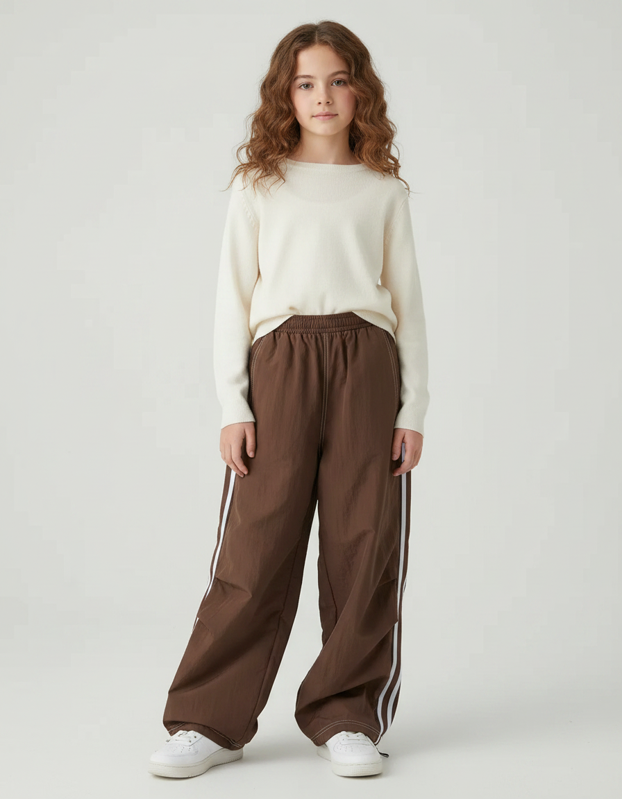 Pantalon Parachute Marron Ample Rayures Blanches - Polyester