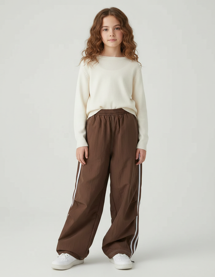 Pantalon Parachute Marron Ample Rayures Blanches - Polyester