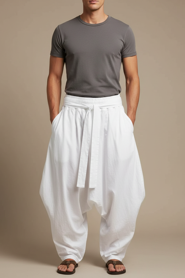 Pantalon Parachute Blanc Ample Coton Décontracté Homme