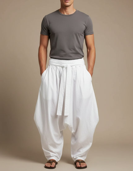 Pantalon Parachute Blanc Ample Coton Décontracté Homme