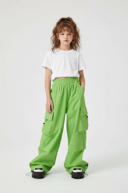 Pantalon Parachute Vert Cargo Ample Décontracté Enfant - Polyester