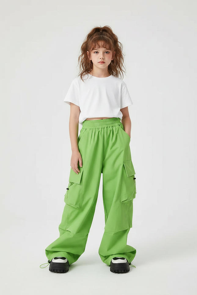 Pantalon Parachute Vert Cargo Ample Décontracté Enfant - Polyester