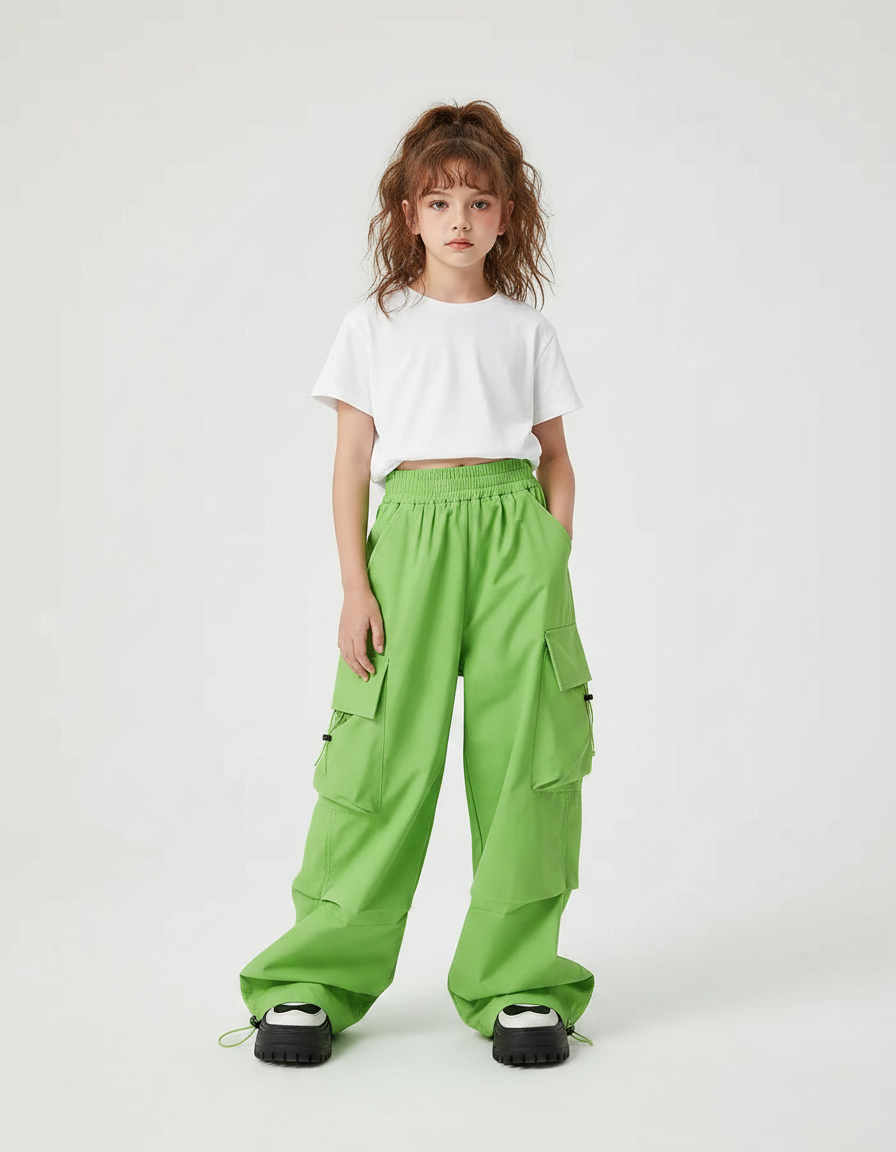 Pantalon Parachute Vert Cargo Ample Décontracté Enfant - Polyester