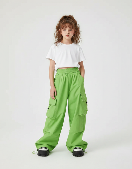 Pantalon Parachute Vert Cargo Ample Décontracté Enfant - Polyester