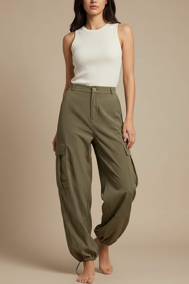 Pantalon Parachute Kaki Ample Cargo Fluide Femme - Polyester
