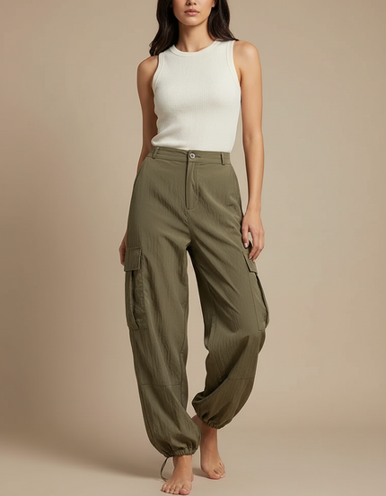 Pantalon Parachute Kaki Ample Cargo Fluide Femme - Polyester
