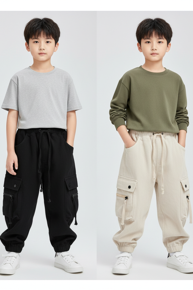Pantalon Parachute Cargo Ample Coton Enfant Streetwear - Noir Molleton