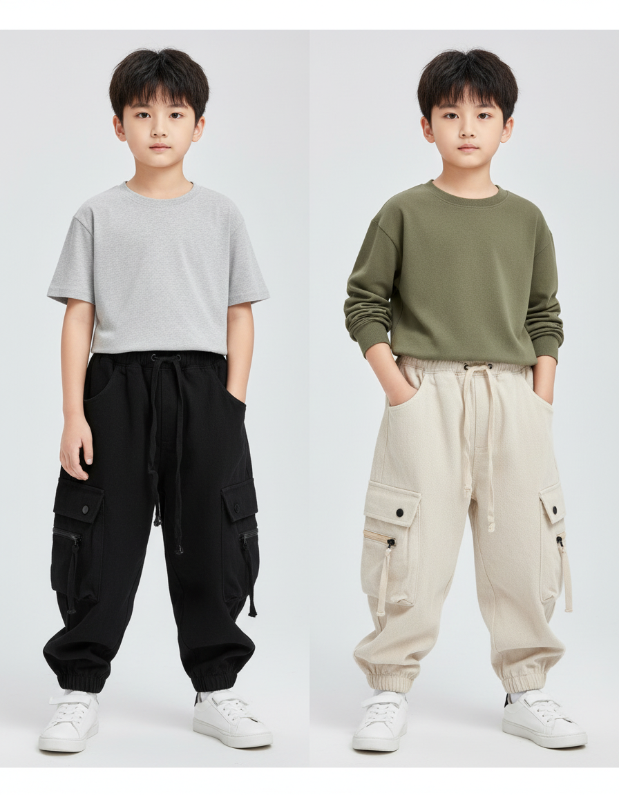 Pantalon Parachute Cargo Ample Coton Enfant Streetwear - Noir Molleton