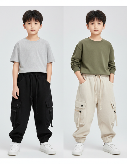 Pantalon Parachute Cargo Ample Coton Enfant Streetwear - Noir Molleton