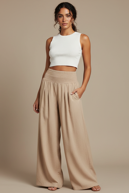 Pantalon Parachute Beige Ample Plissé Smocké Femme - Viscose